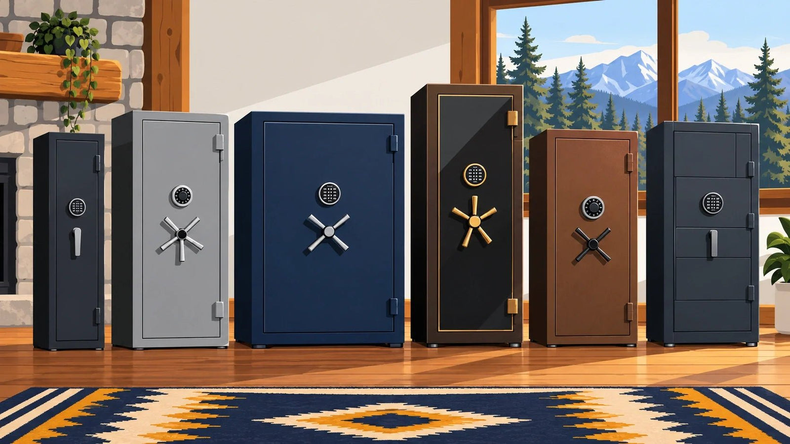 Flat illustration of six gun safes in different sizes, finishes and lock types lined up in a mountain-view living room