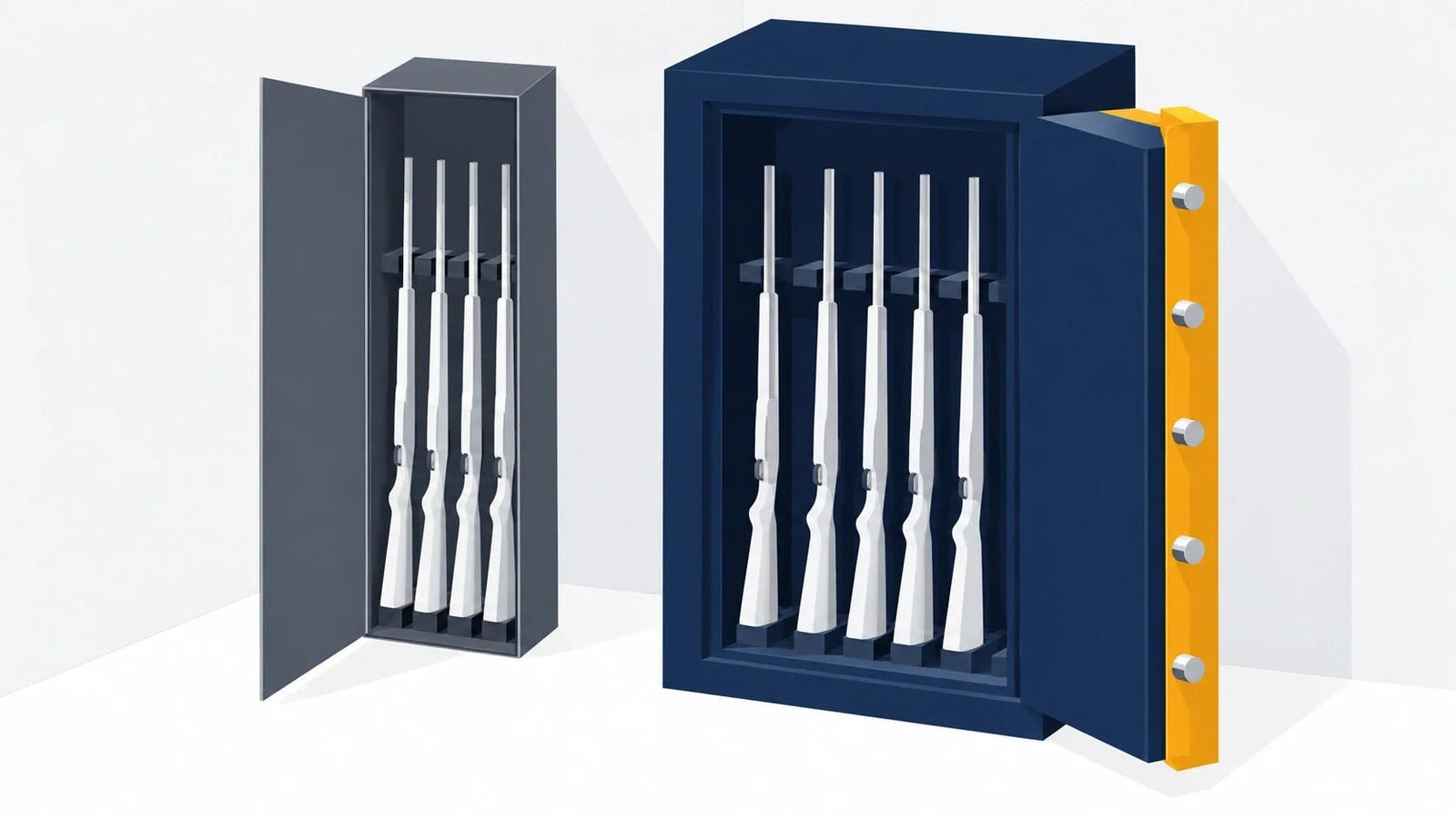 Open gun cabinet with a thin door beside a heavier open gun safe with a thick bolted door, both holding rifles