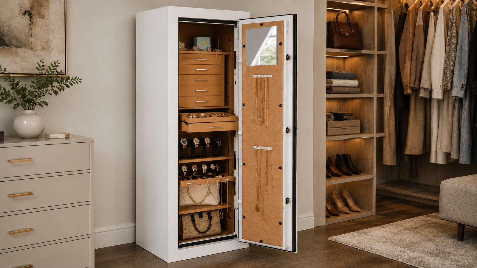 Open jewelry safe with organized drawers, watches, necklaces, and valuables inside.