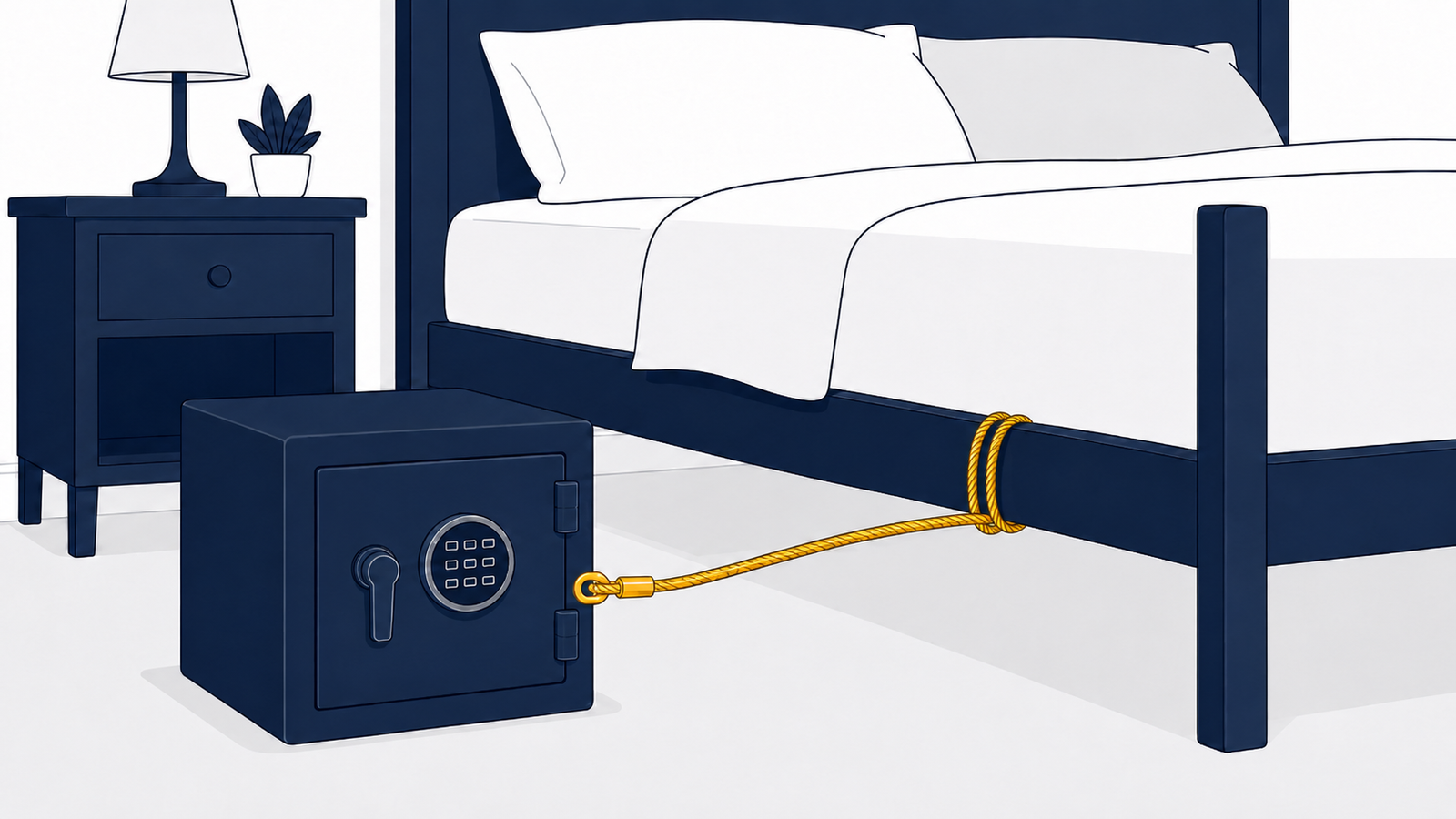 Flat illustration of a compact safe beside a bed, cabled around a bed frame cross-member