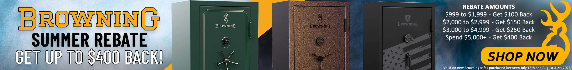 Promotional banner for the Browning Summer Rebate Sale offering up to $400 back on the purchase of a new safe between July 15th and August 31st, 2026.