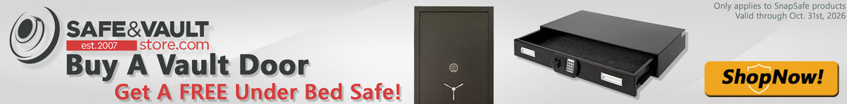 Promotional banner for a free underbed safe with every snapsafe vault door purchased in October.