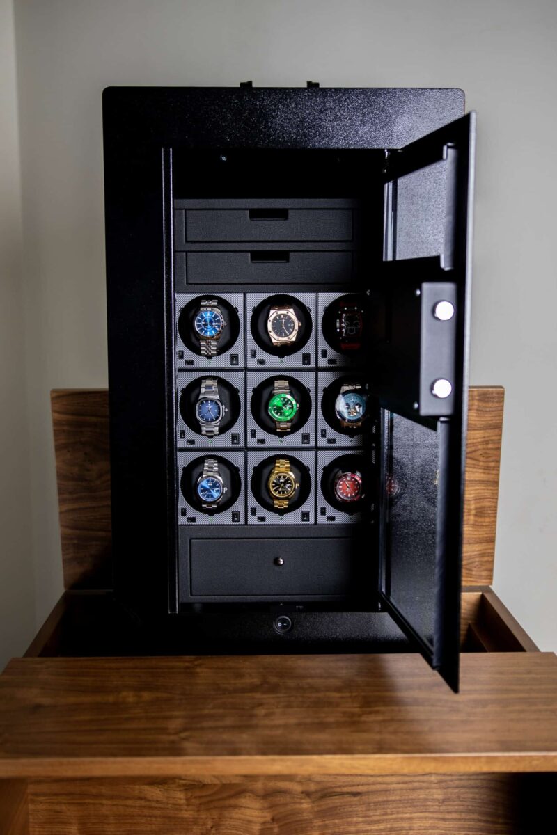 BlumSafe Concealment Cabinet with Hidden Safe Door Open with Watch Winders