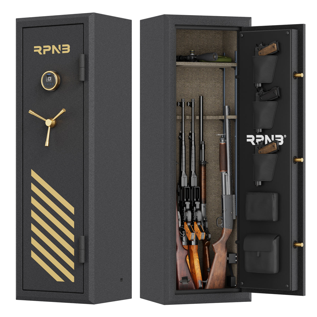 RPNB RPFS10-B 10 Gun Fireproof Biometric Gun Safe Black Door Closed on Left & Door Open on Right with Rifles Inside