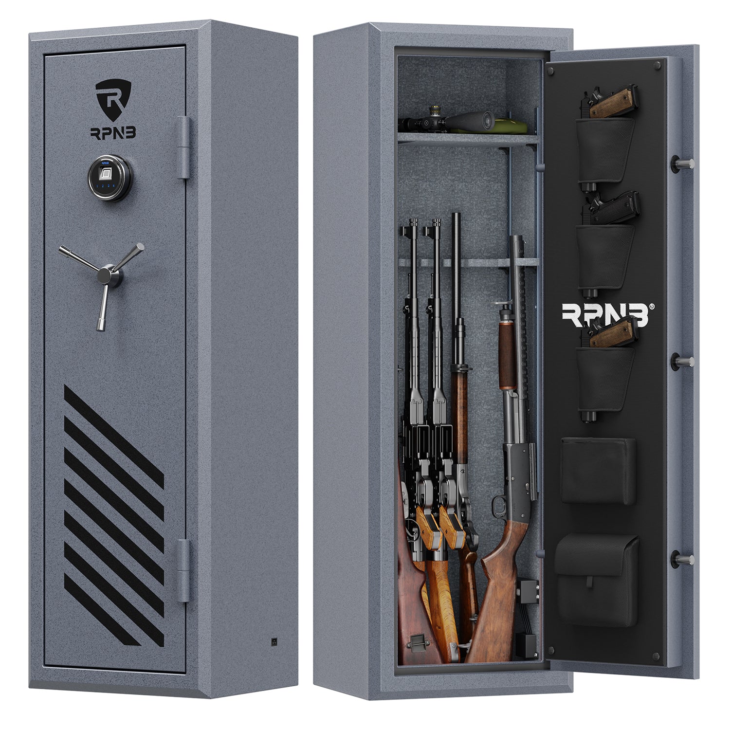 RPNB RPFS10-G 10 Gun Fireproof Biometric Gun Safe Grey Door Closed & Door Open Empty
