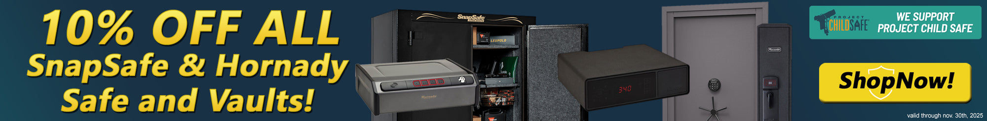 Promotional banner for 10% off all Hornady and SnapSafe products through November 31st, 2025.