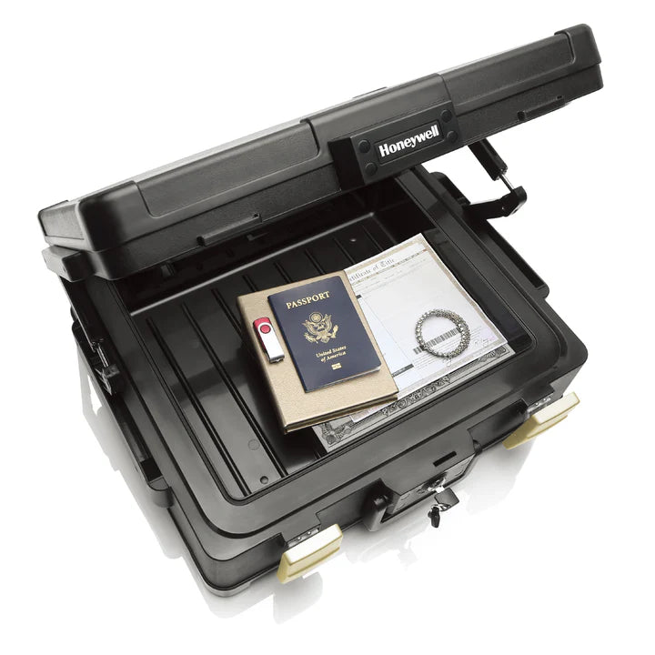 Black protective case with a passport, money, and jewelry on a white background