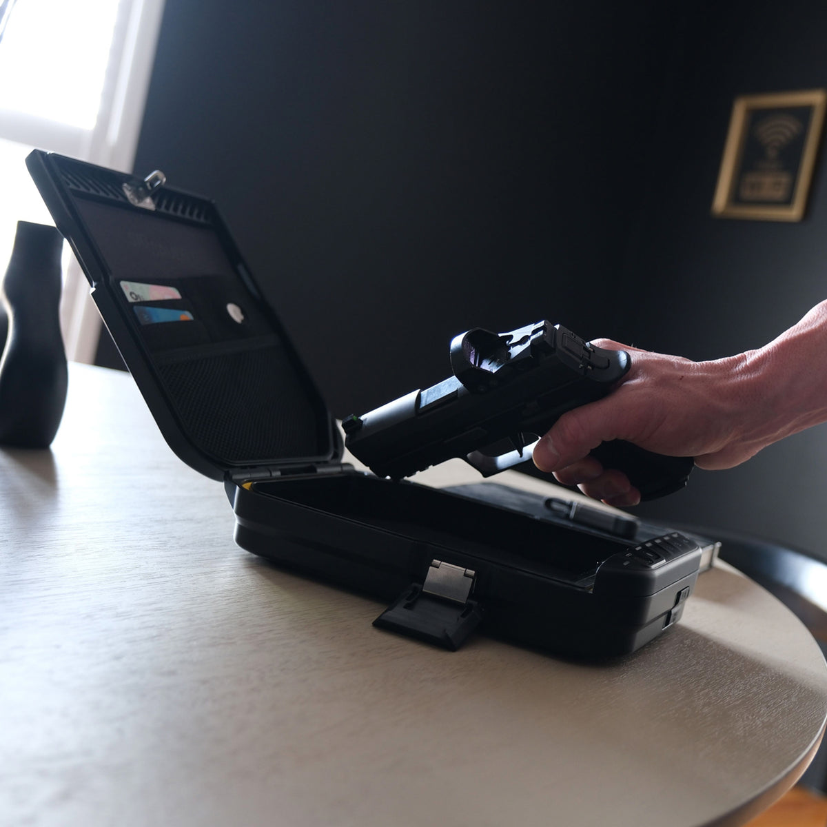 Vaultek Sig Sauer LifePod Biometric Rugged Weather Resistant Lockbox Grabbing Handgun