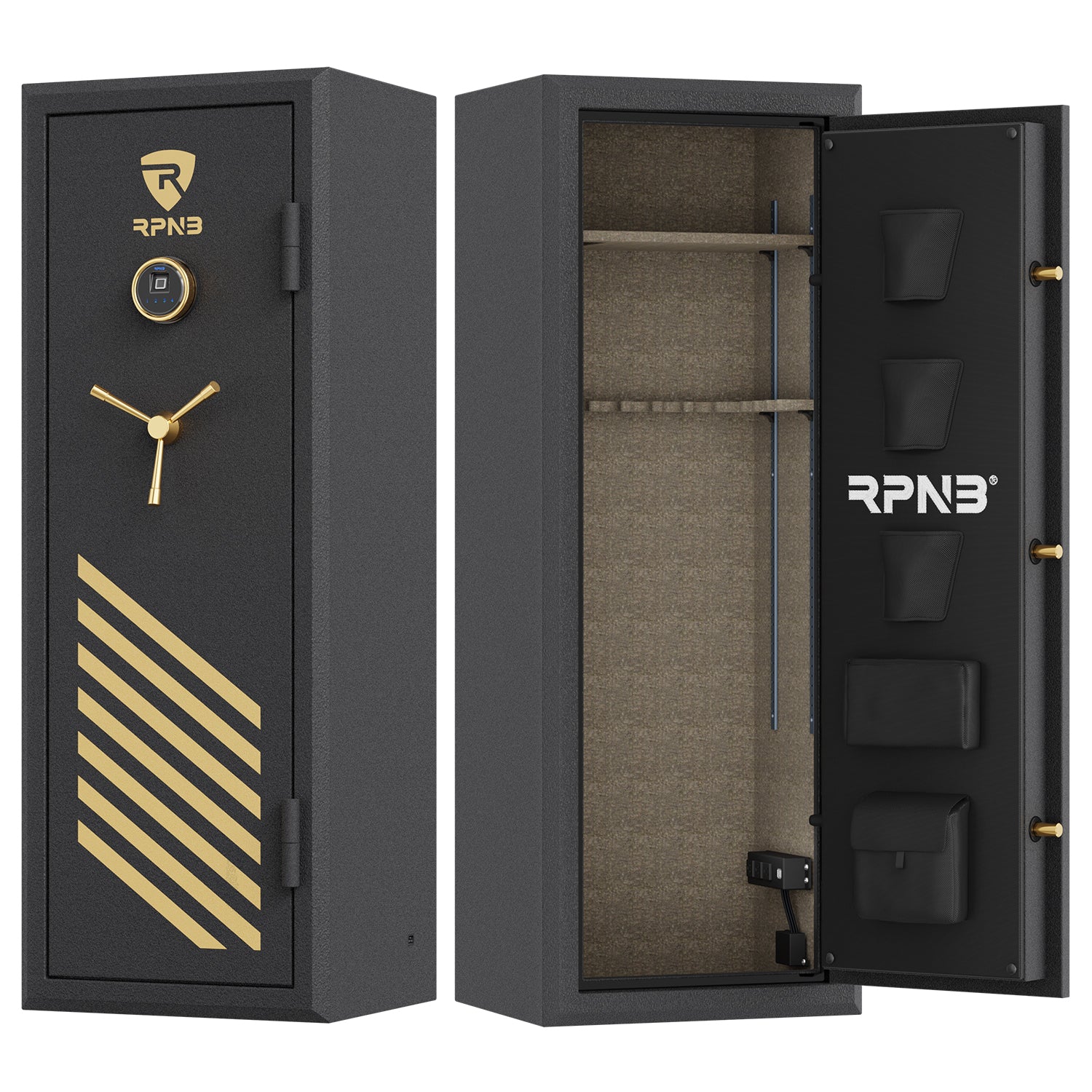 RPNB RPFS14-B 14 Gun Fireproof Biometric Gun Safe Black Door Open & Closed Empty
