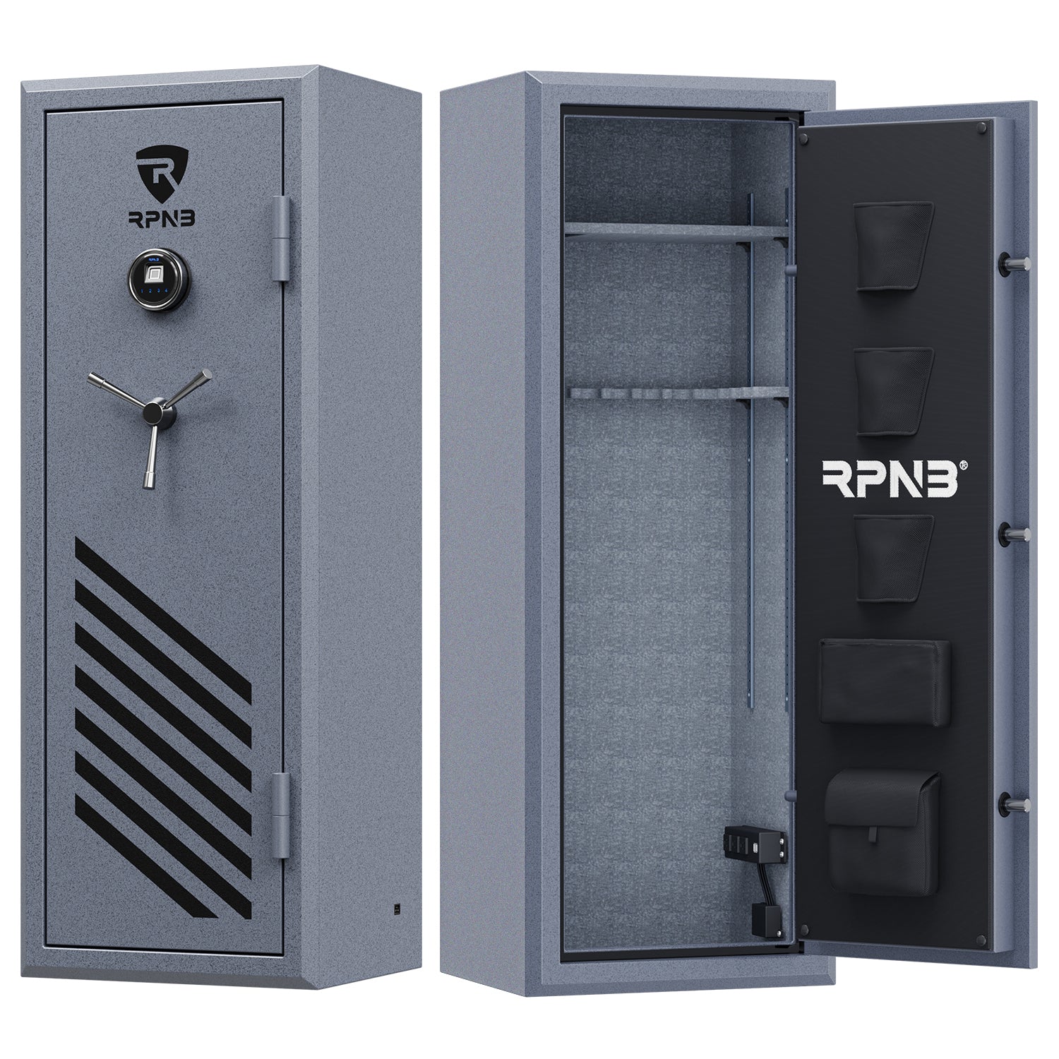 RPNB RPFS14-G 14 Gun Fireproof Biometric Gun Safe Grey Door Open & Closed