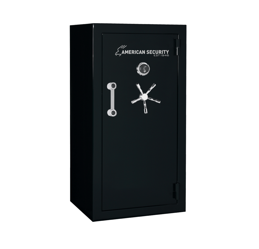 AMSEC BFX6030 gun safe in Onyx High Gloss finish with chrome 5-spoke handle and mechanical dial lock.
