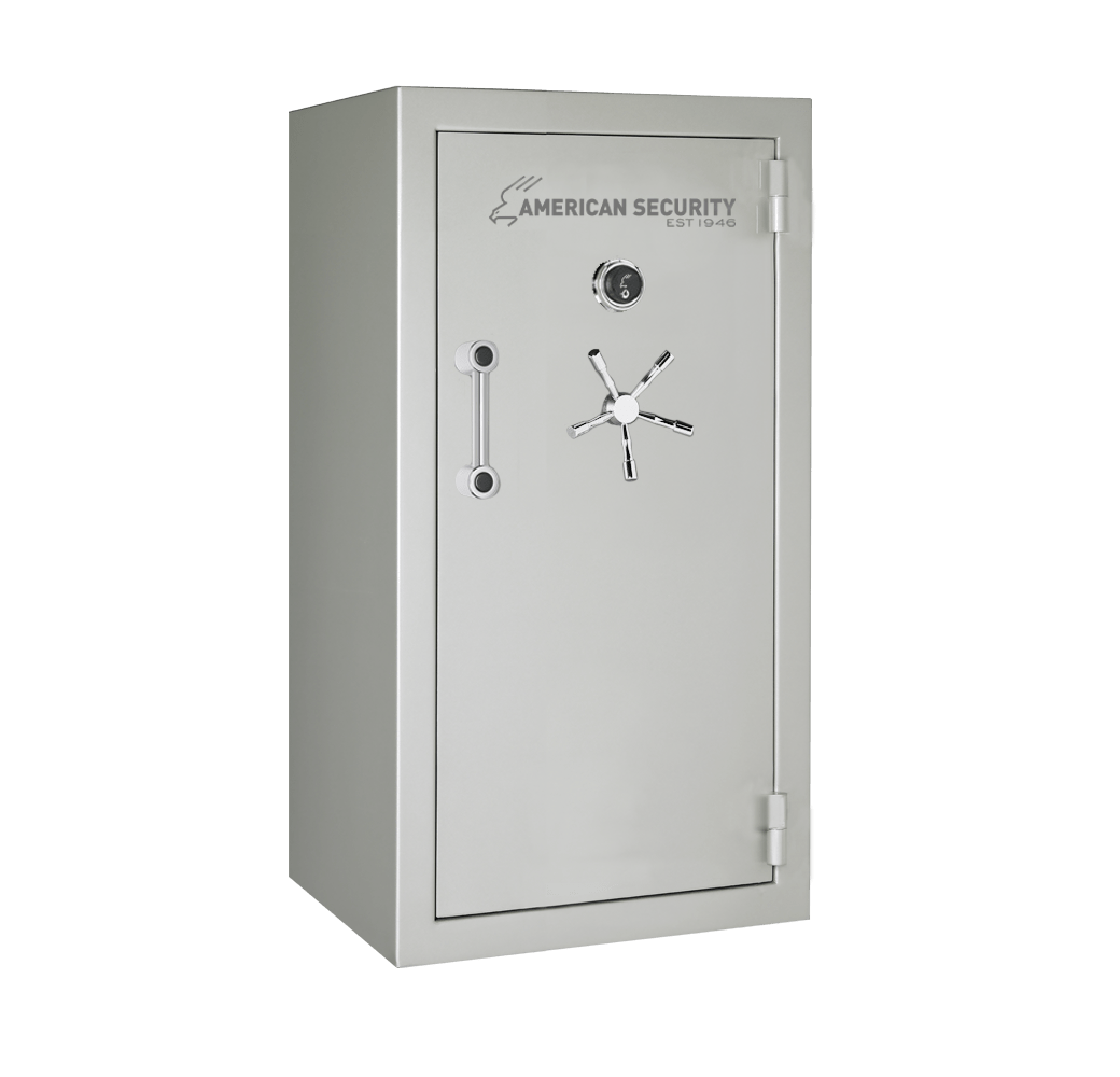AMSEC BFX6030 gun safe in Platinum Metallic High Gloss finish with chrome 5-spoke handle and mechanical dial lock.