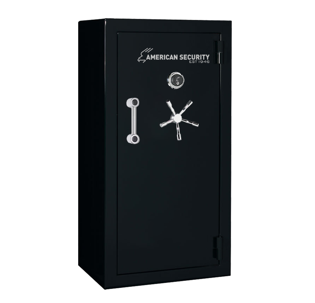 AMSEC BFX6032 gun safe in Onyx High Gloss finish with chrome 5-spoke handle and mechanical dial lock.