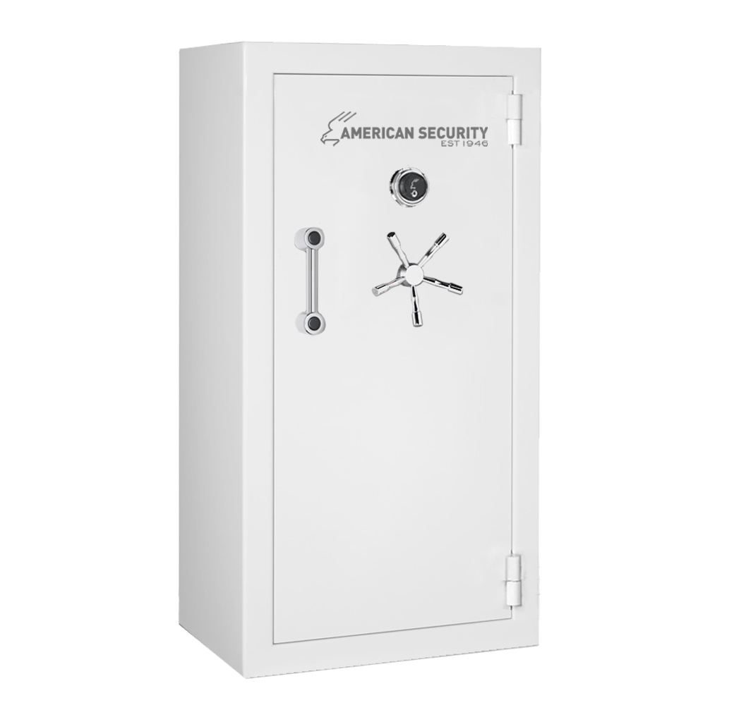 AMSEC BFX6032 gun safe in Pearl Essence finish with chrome 5-spoke handle and mechanical dial lock.