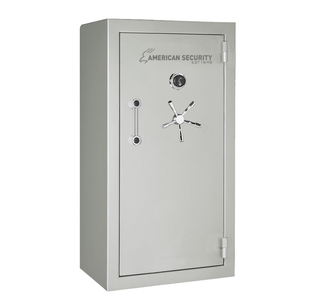 AMSEC BFX6032 gun safe in Platinum Metallic High Gloss finish with chrome 5-spoke handle and mechanical dial lock.