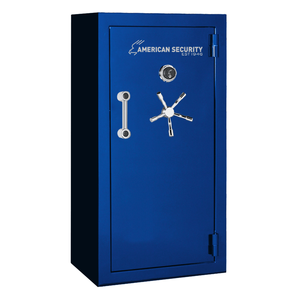 AMSEC BFX6032 gun safe in Sapphire Blue finish with chrome 5-spoke handle and mechanical dial lock.