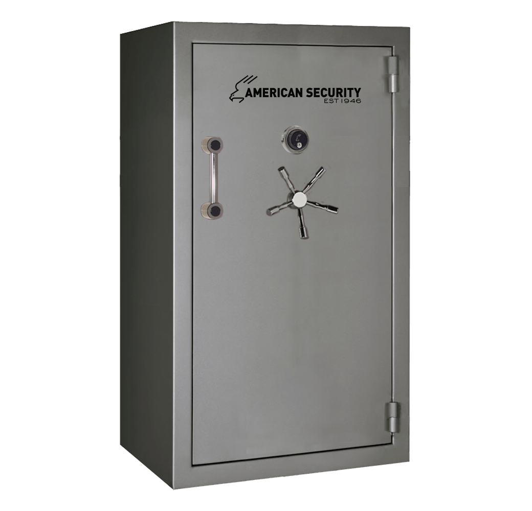 AMSEC BFX6636 gun safe in charcoal metallic finish with chrome 5-spoke handle and mechanical dial lock.