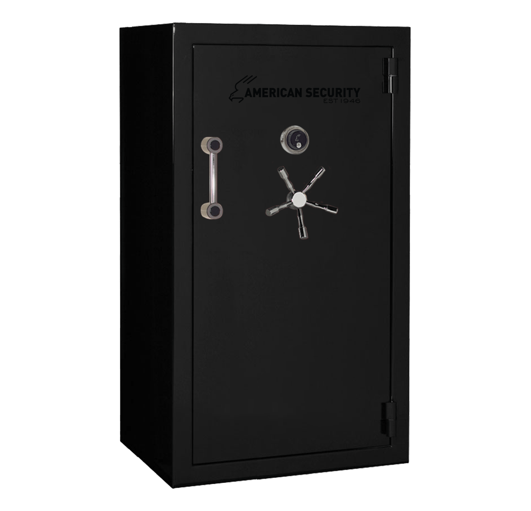 AMSEC BFX6636 gun safe in Onyx High Gloss finish with chrome 5-spoke handle and mechanical dial lock.
