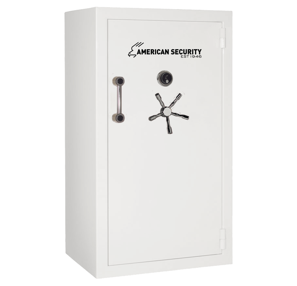 AMSEC BFX6636 gun safe in Pearl Essence finish with chrome 5-spoke handle and mechanical dial lock.