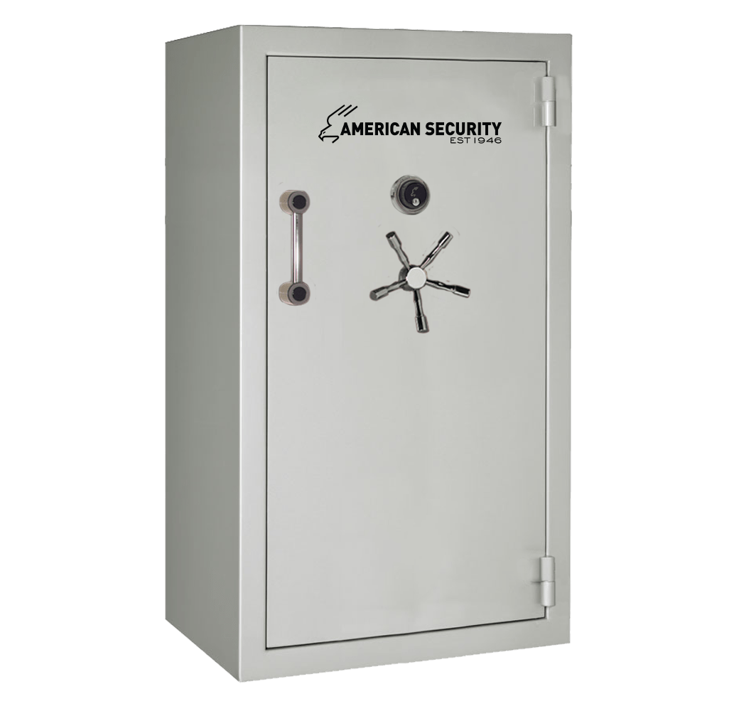 AMSEC BFX6636 gun safe in Platinum Metallic High Gloss finish with chrome 5-spoke handle and mechanical dial lock.