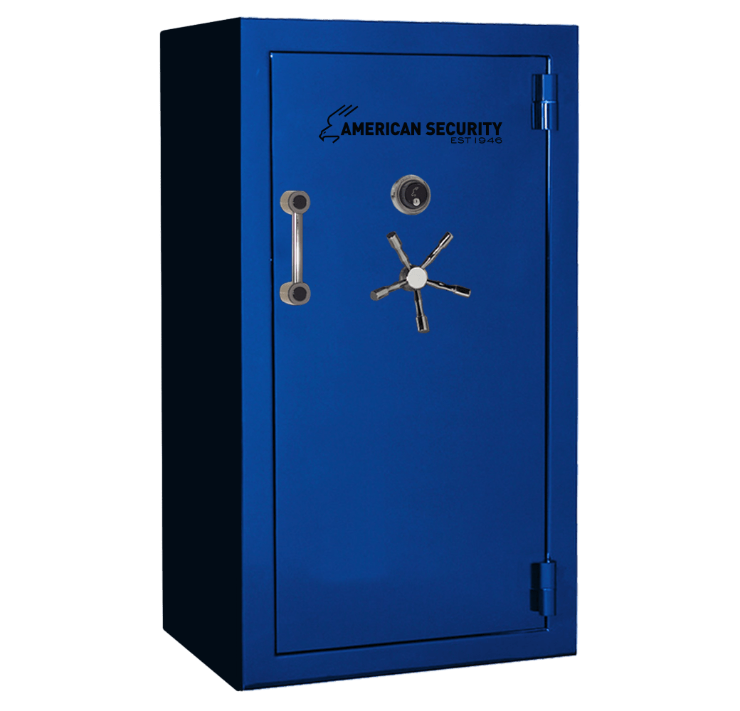 AMSEC BFX6636 gun safe in Sapphire Blue finish with chrome 5-spoke handle and mechanical dial lock.