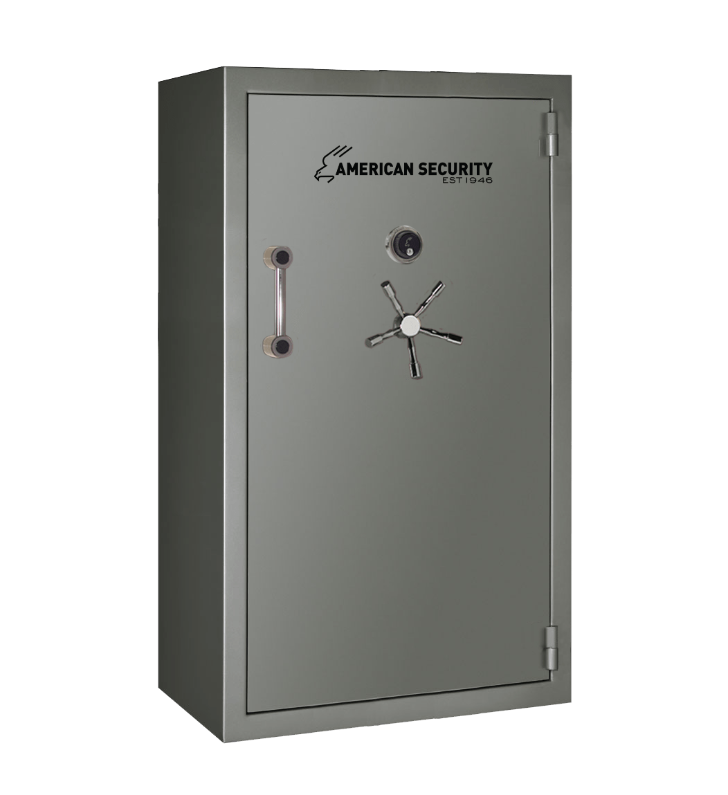 AMSEC BFX7240 gun safe in charcoal metallic finish with chrome 5-spoke handle and mechanical dial lock.