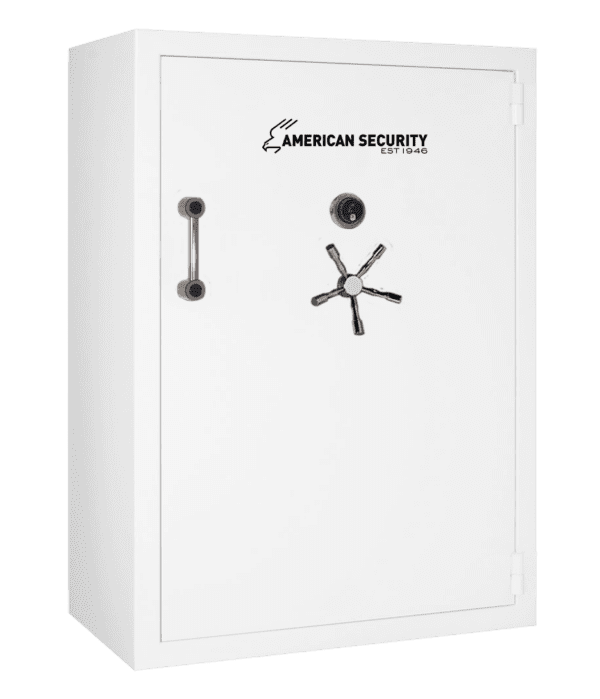 AMSEC BFX7250 gun safe in Pearl Essence finish with chrome 5-spoke handle and mechanical dial lock.