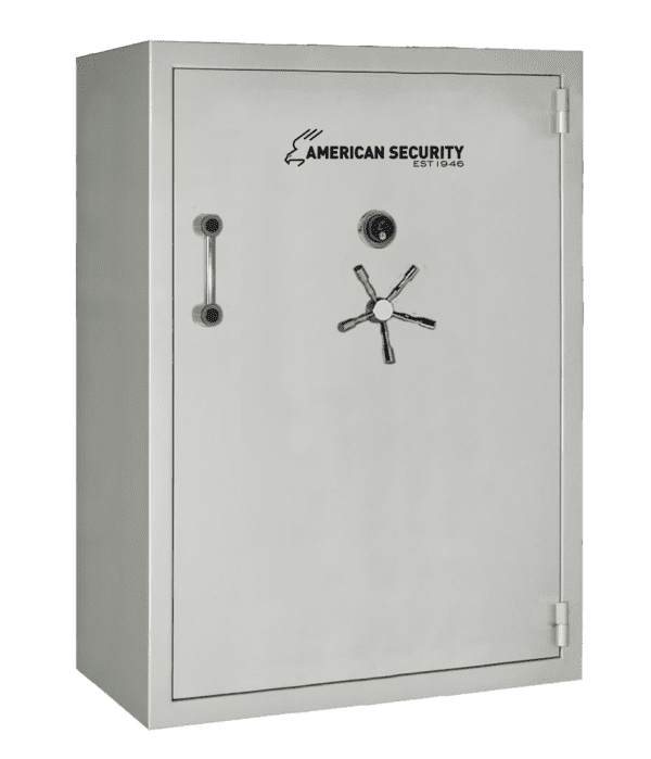 AMSEC BFX7250 gun safe in Platinum Metallic High Gloss finish with chrome 5-spoke handle and mechanical dial lock.