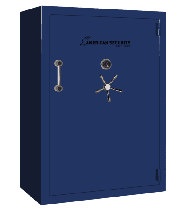 AMSEC BFX7250 gun safe in Sapphire Blue finish with chrome 5-spoke handle and mechanical dial lock.
