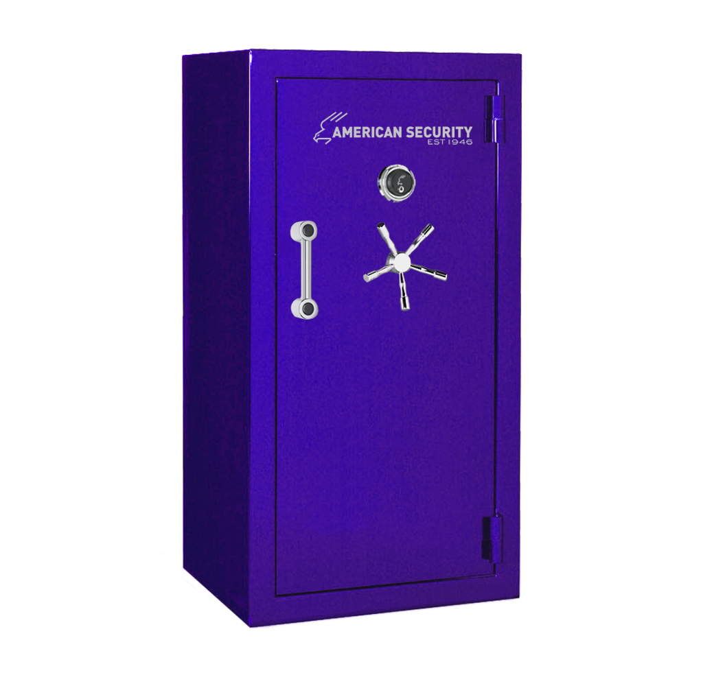 AMSEC BFX6030 gun safe in Reign Purple finish with chrome 5-spoke handle and mechanical dial lock.