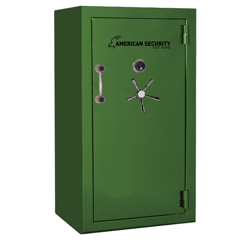 AMSEC BFX6636 gun safe in Ironside Green finish with chrome 5-spoke handle and mechanical dial lock.