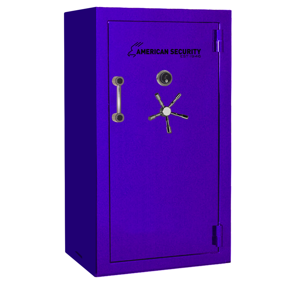 AMSEC BFX6636 gun safe in Reign Purple finish with chrome 5-spoke handle and mechanical dial lock.