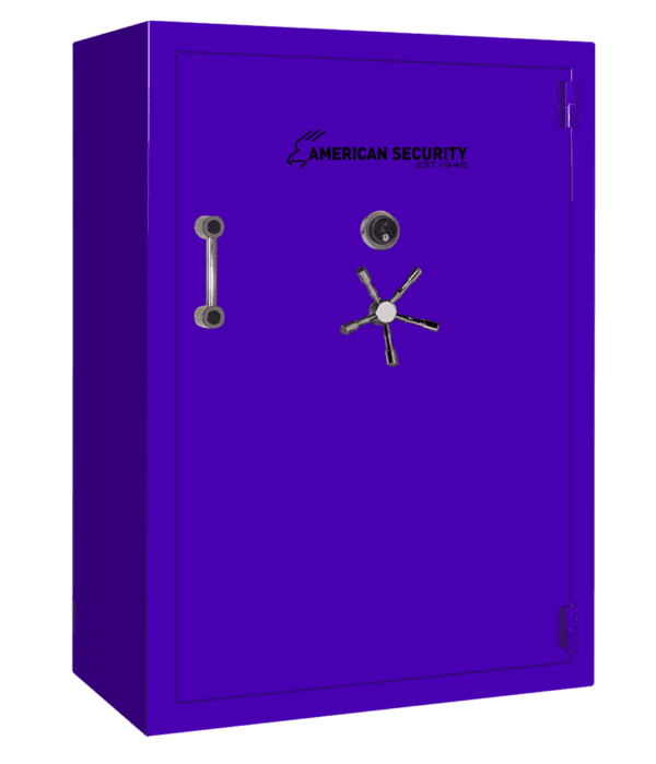 AMSEC BFX7250 gun safe in Reign Purple finish with chrome 5-spoke handle and mechanical dial lock.
