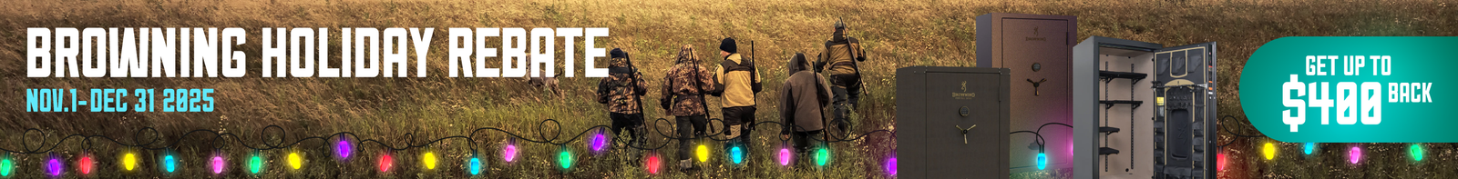 Promotional banner for up to $400 back on the purchase of a new browning safe before the new year via mail in rebate.