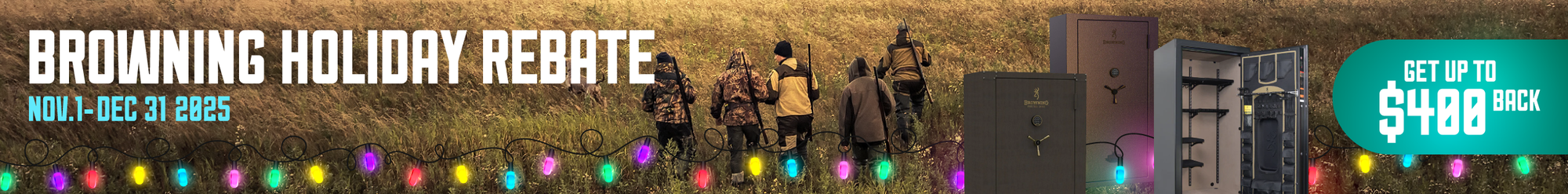 Promotional banner for up to $400 back on the purchase of a new browning safe before the new year via mail in rebate.