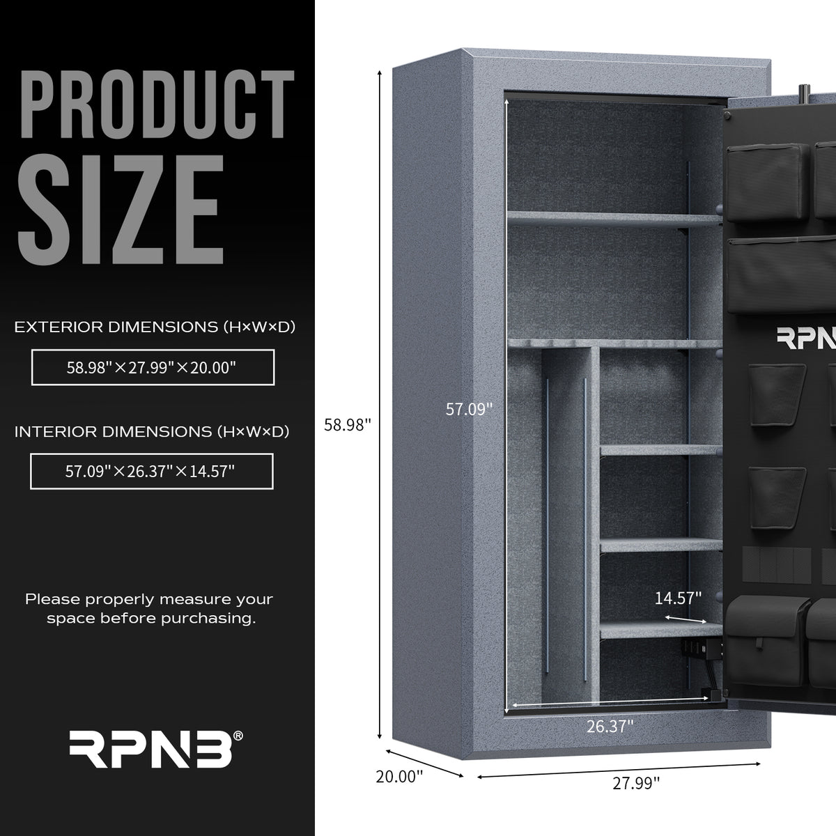 RPNB RPFS30-G 30 Gun Fireproof Biometric Gun Safe Grey Outside Dimensions