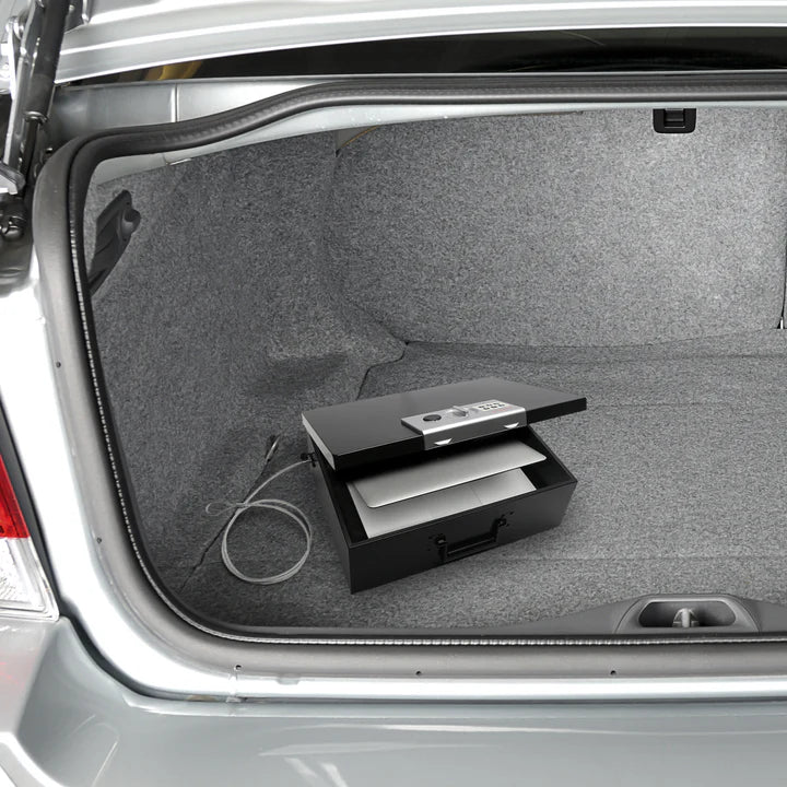 Honeywell 6110 Large Digital Steel Security Box with Carry Handle in back of vehicle