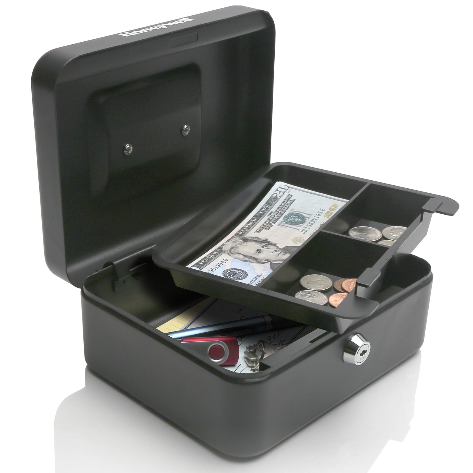 Honeywell 6202 Steel Cash Box with Key Lock & Removable Coin Tray Open with Cash & Coin
