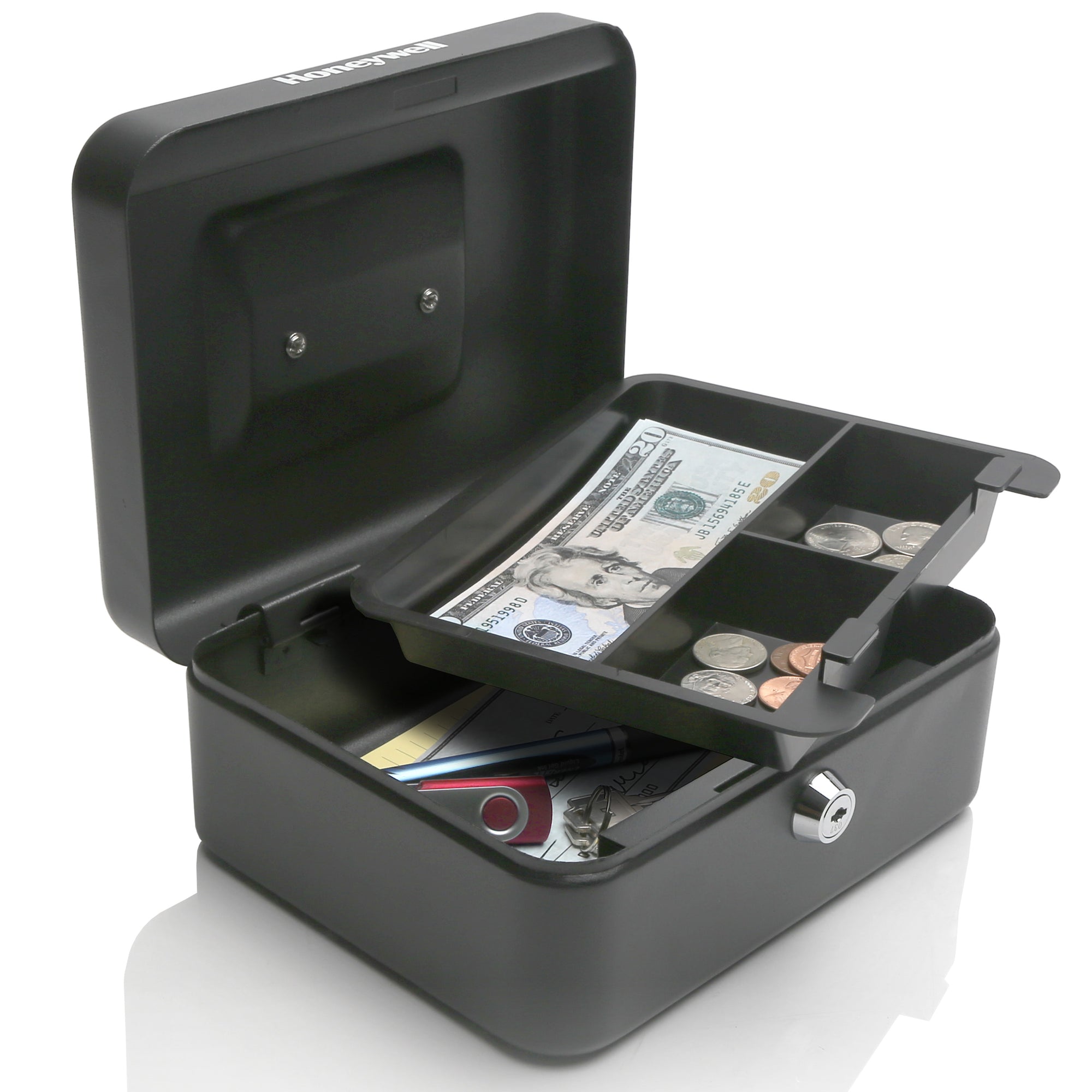 Honeywell 6202 Steel Cash Box with Key Lock & Removable Coin Tray Open with Cash & Coin
