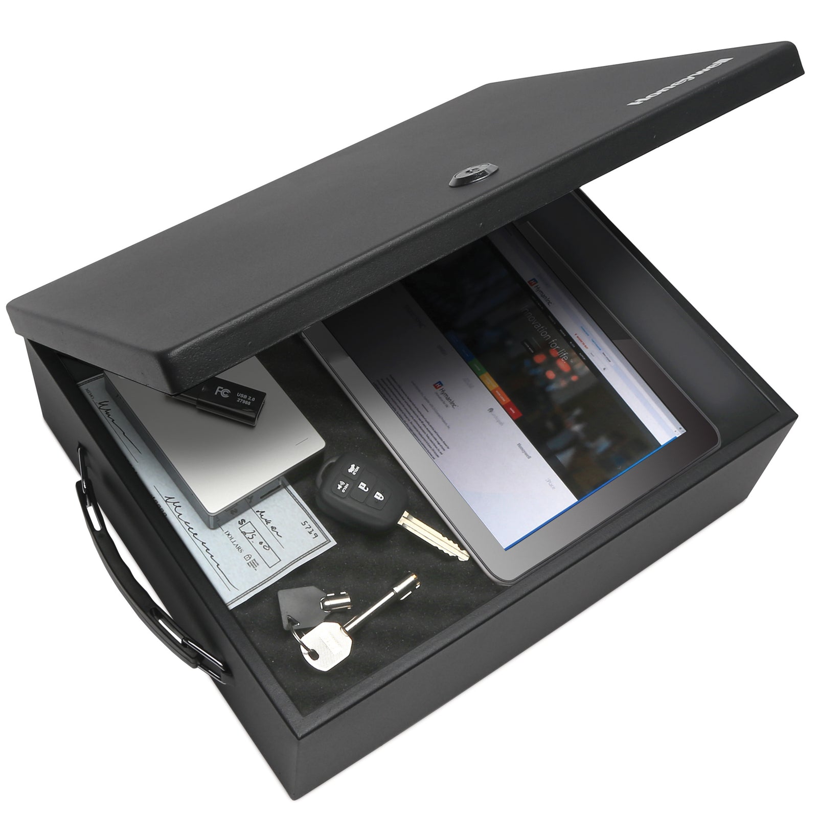 Honeywell 6209 Large Steel Security Cash Box with Key Lock & Handles Open with Keys & iPad