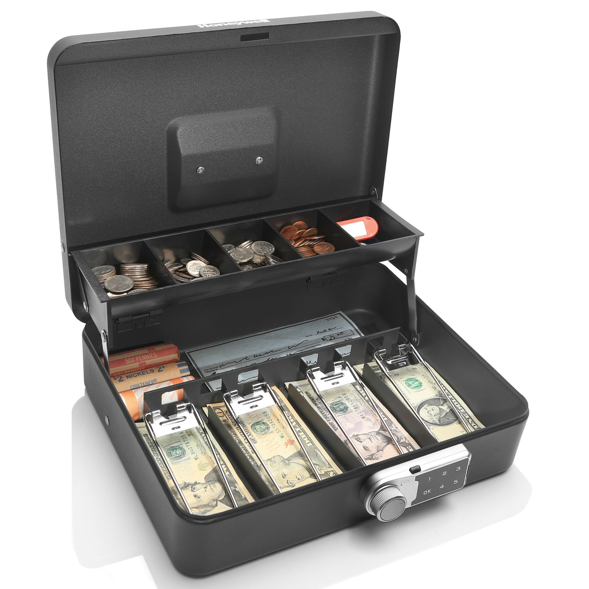 Honeywell 6213DG Digital Tiered Cash Box with Touchpad Lock Open with Cash