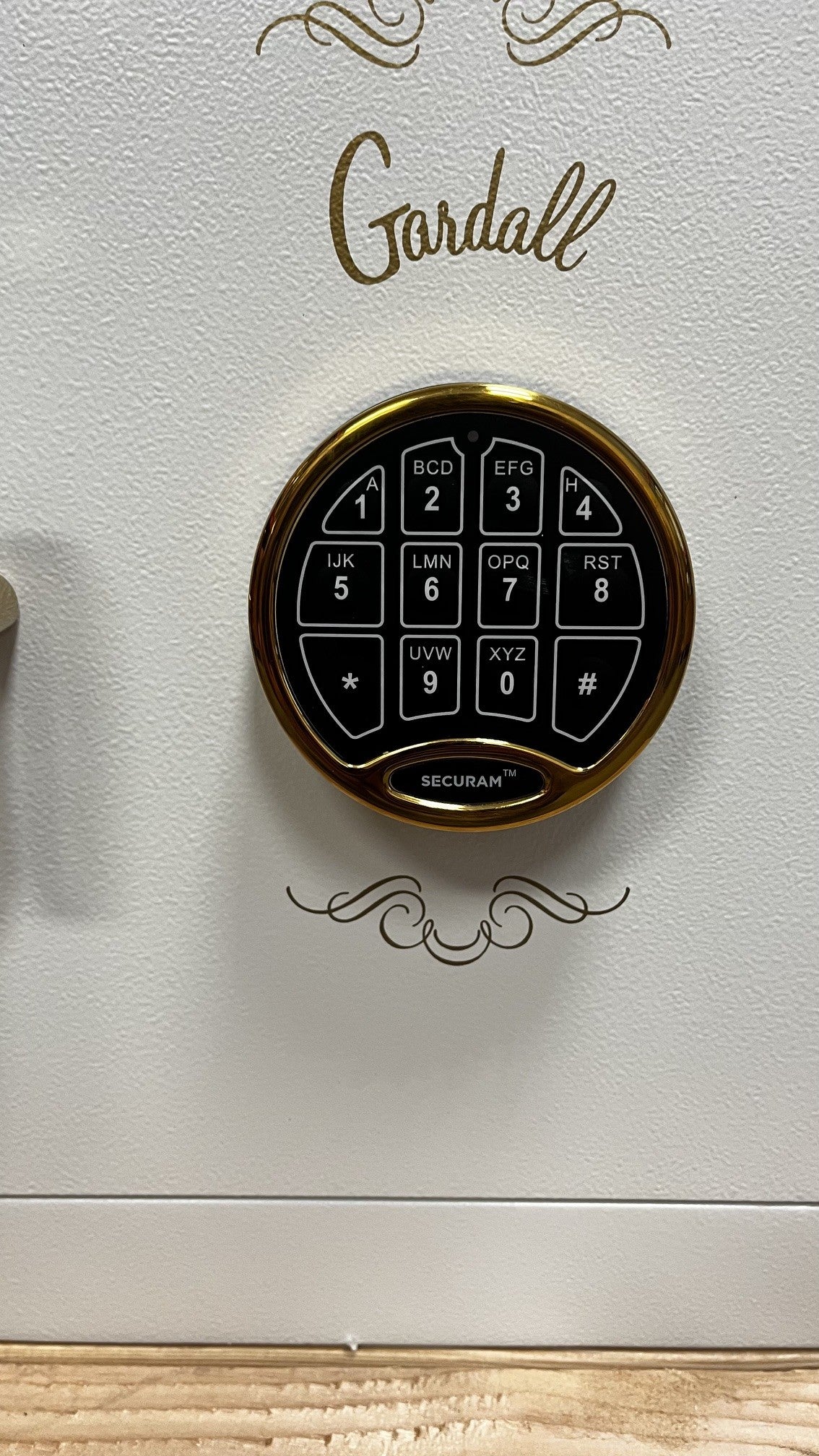 Close up view of the lock. It is a Securam Basic Single User with a gold trim. 
