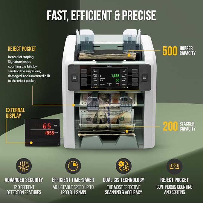 Kolibri B-SGN Signature 2-Pocket Mixed Bill Counter, Sorter &amp; Reader Fast, Efficient &amp; Precise