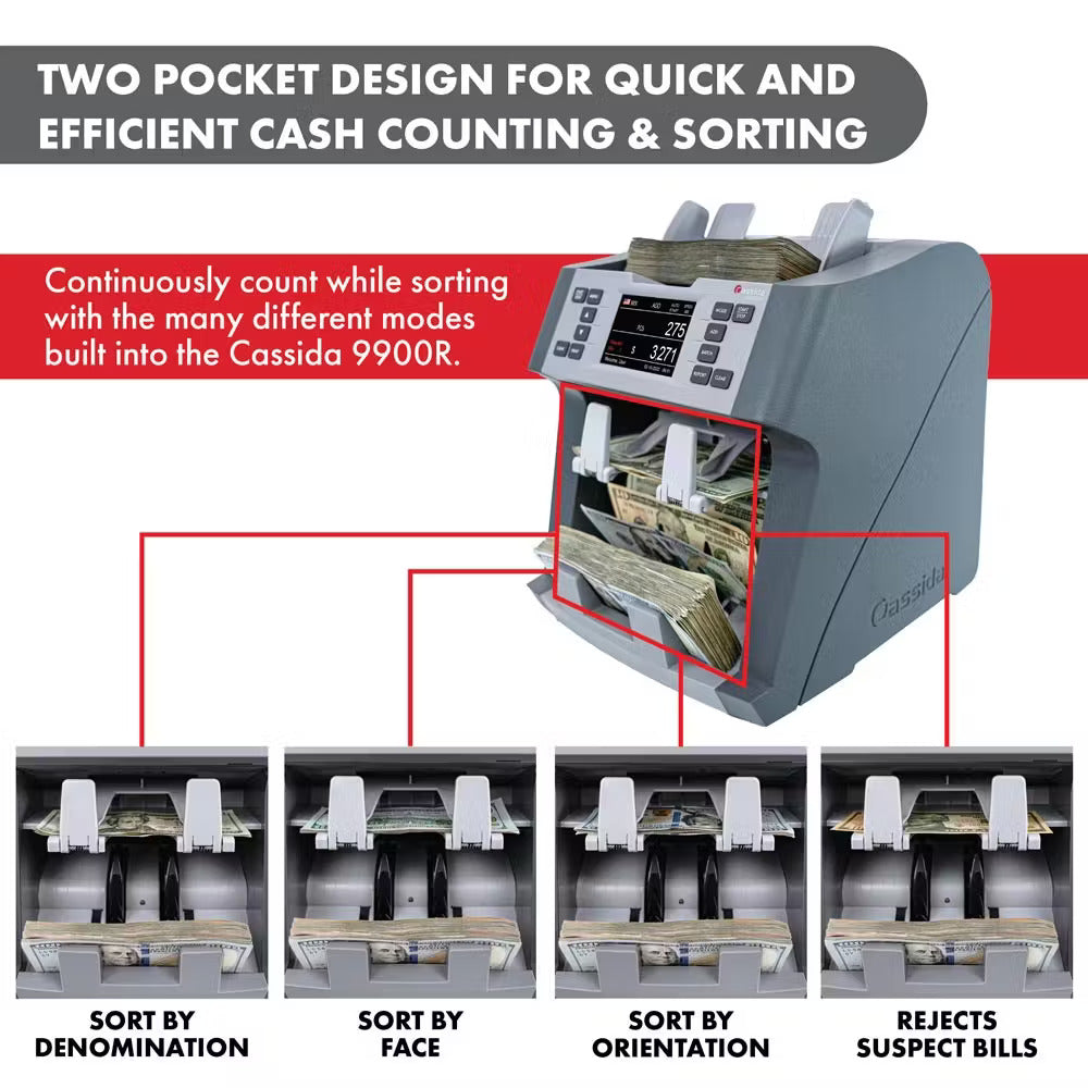 Cassida 9900R Two-Pocket Mixed Denomination Bill Reader Two Pocket Design