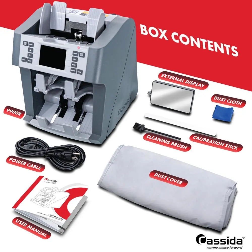 Cassida 9900R Two-Pocket Mixed Denomination Bill Reader Box Contents