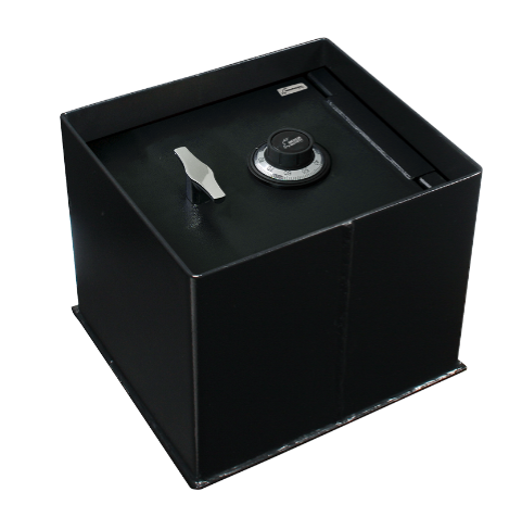 Black AMSEC B1500 Square Door Floor safe with a combination dial and a handle on top, isolated on a white background.