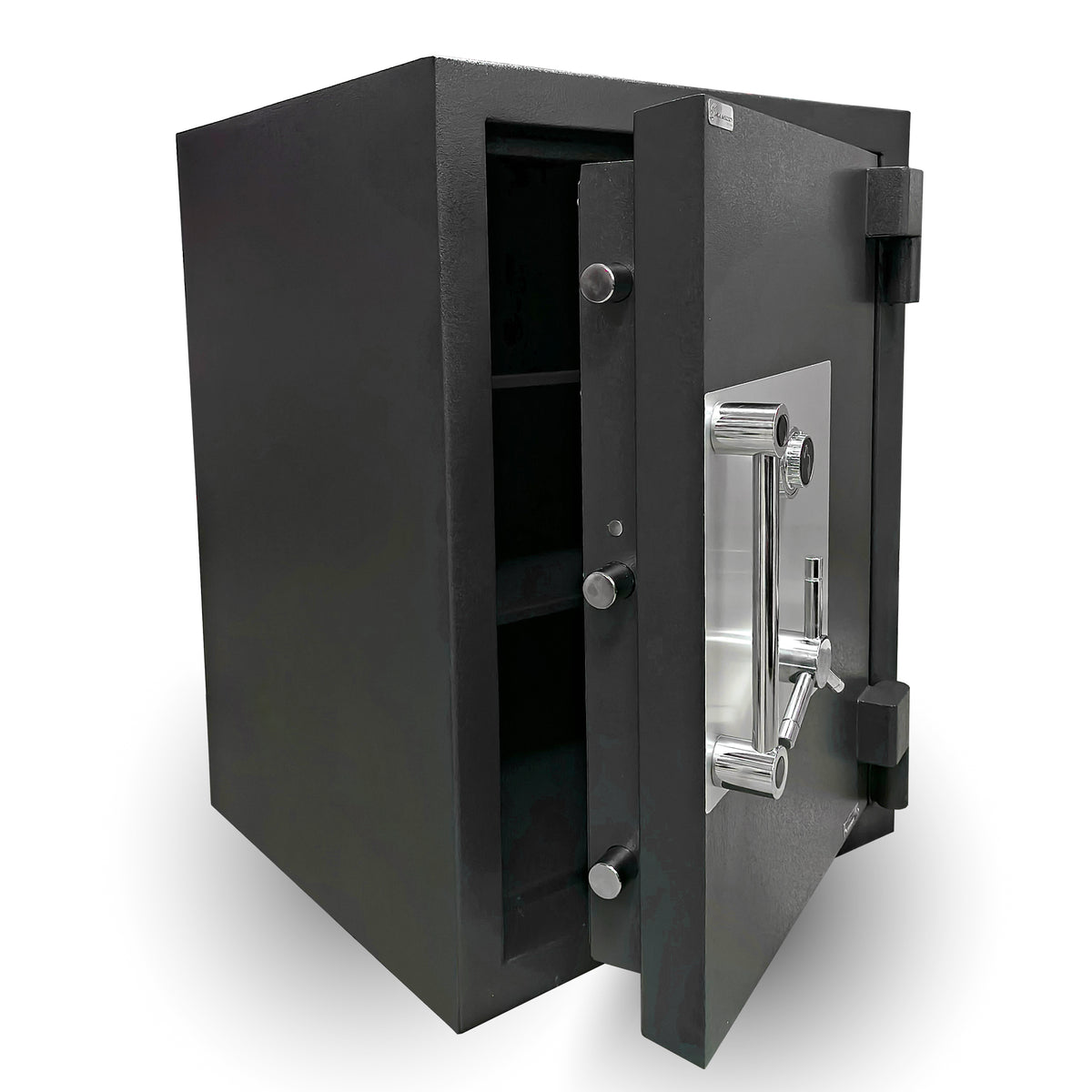 American Security AMSEC AMVAULT CF3524 TL-30 High Security Safe in Textured Black finish front left door open.