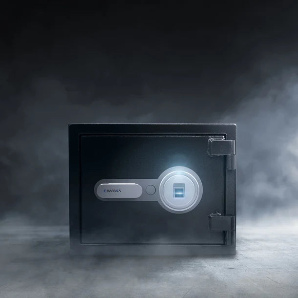 Barska AX13498 Biometric Fireproof Safe - Black Surrounded by Smoke