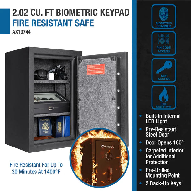 Barska AX13744 Biometric Keypad Fire Resistant Safe Features