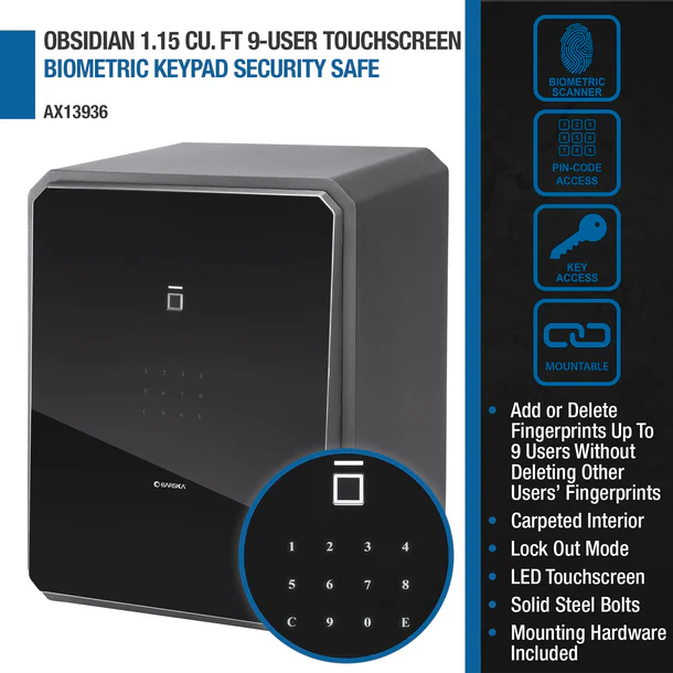 Barska AX13936 Obsidian 9-User Touchscreen Biometric Keypad Security Safe Features